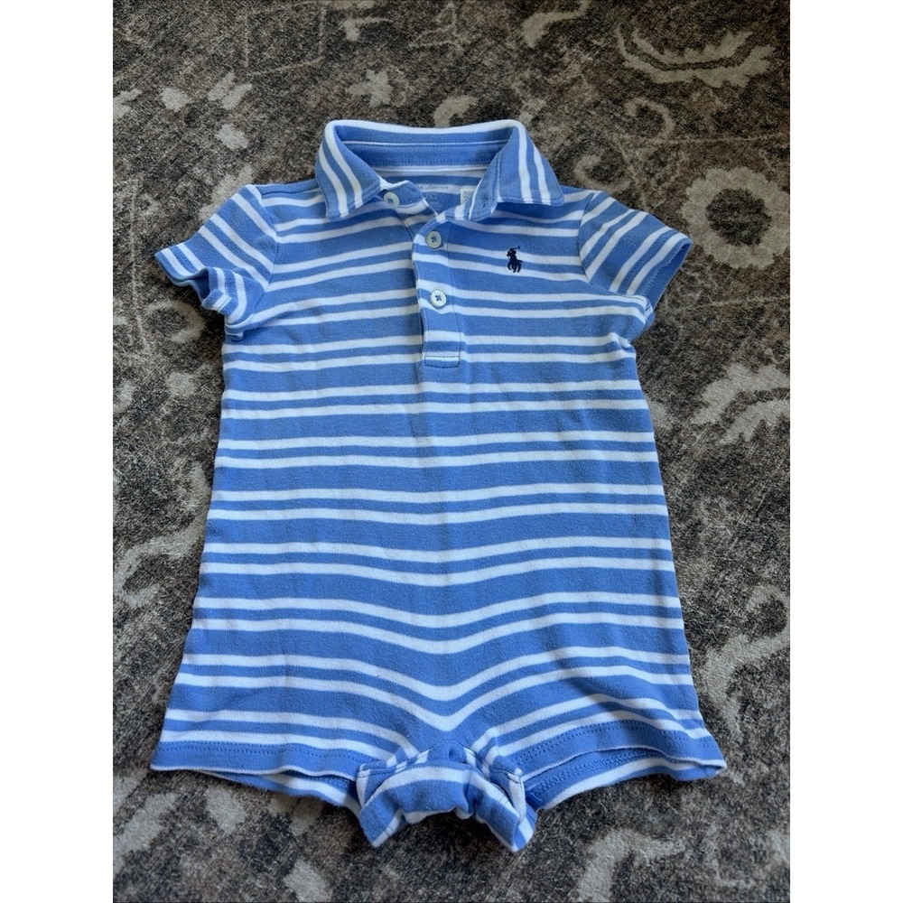 Boys Polo Ralph Lauren Blue Stripe Shirt Romper 6 Months